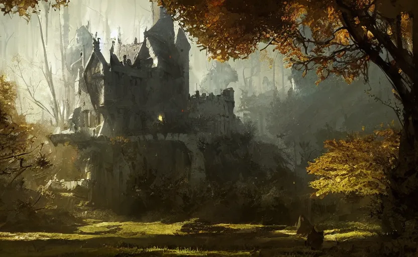 Image similar to painting of a castle in forest by greg rutkowski and Craig Mullins, Dark atmospheric and cinematic lighting