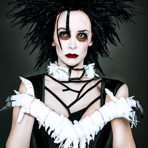 Image similar to Taylor Momson as Regina Scissorhands in Edward Scissorhands Remake, (EOS 5DS R, ISO100, f/8, 1/125, 84mm, postprocessed, crisp face, facial features)