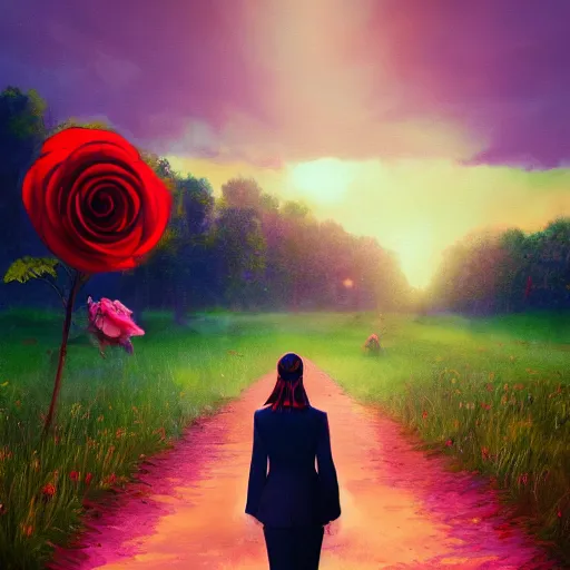 Image similar to giant rose flower head, frontal, girl in a suit, surreal photography, sunrise, dramatic light, impressionist painting, digital painting, artstation, simon stalenhag