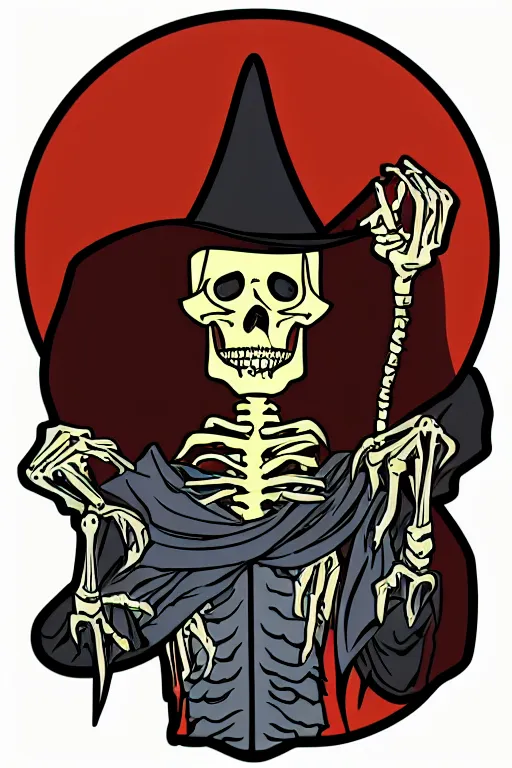 Prompt: Portrait of a evil skeleton that is a wizard casting a spell , wizard, medieval, sticker, colorful, casting epic spell, magic the gathering artwork, D&D, fantasy, artstation, heroic pose, illustration, highly detailed, simple, smooth and clean vector curves, no jagged lines, vector art, smooth