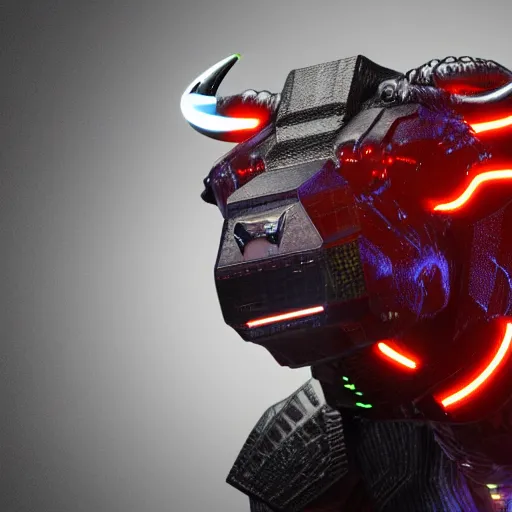 Image similar to a cybertronic buffalo-bull, leds, high detail, sharp, studio, digital art, octane render, redshift, blender-hard-surface, cinema-4d, houdini-hard-surface, machin3, mx2