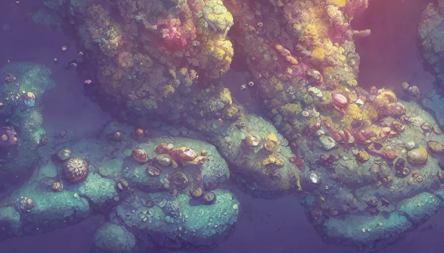 Prompt: cambrian era underwater view, algae, sea sponges, many visible trilobites and anomalocaris, artstation, illustration, 8 k, artstation, makoto shinkai, gediminas pranckevicius, soft, cinematic, octane render, realistic, very detailed
