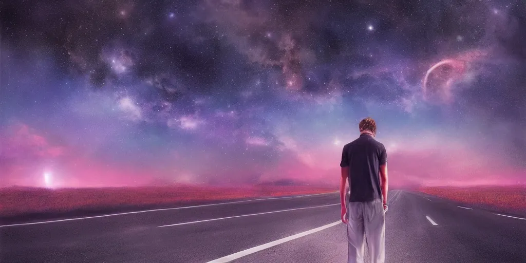 Image similar to man in a lonely road, night, galaxy sky, by artgerm, rule of third