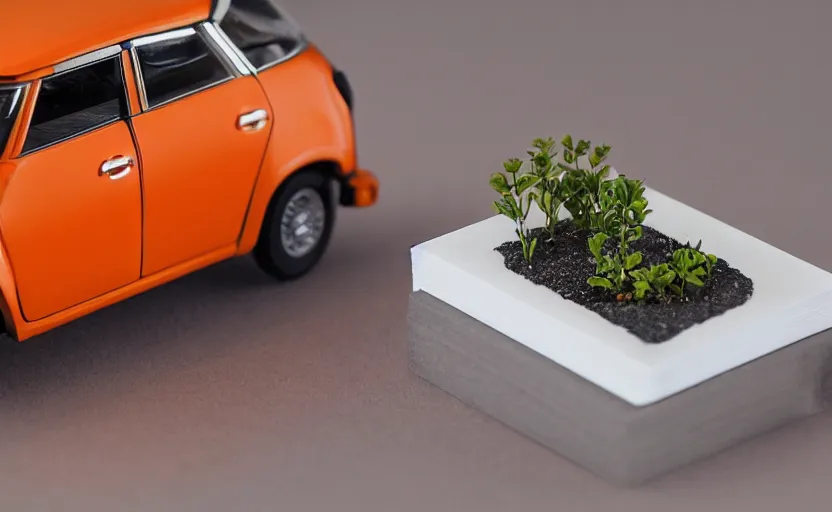 Image similar to a small miniature of a orange Toyota TE27 on a white table near a book and a vase with a plant, hyperrealistic, concept art, octane render, unreal engine 5, path tracing, complementary colors, calm, relaxing, serene, product photo, centered, symmetrical