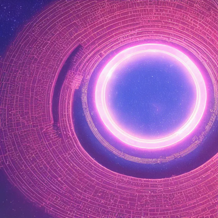 Prompt: a luminous pink and purple colored circular stargate in the dessert through which an ocean is visible