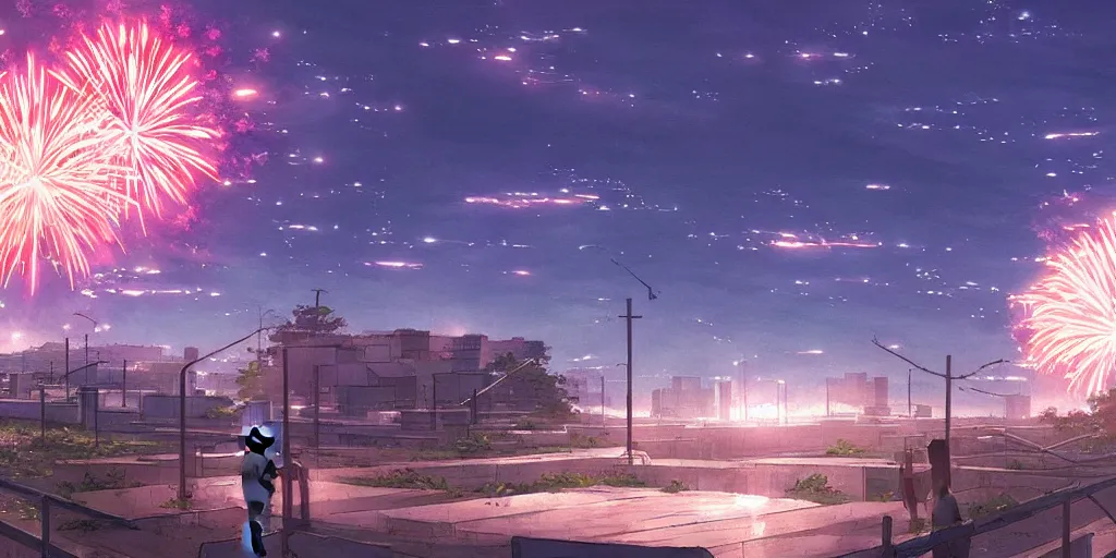 Image similar to realistic building, fireworks, wide landscape, eva, war, lonely, art by makoto shinkai