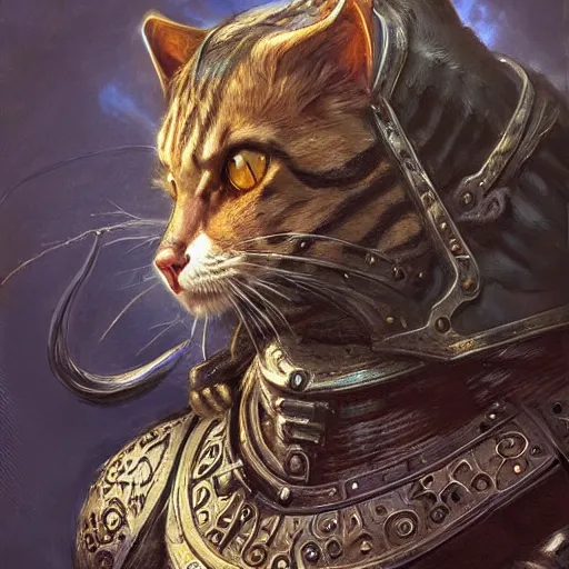 Image similar to Knight with the head of a cat, fantasy D&D character, portrait art by Donato Giancola and James Gurney, digital art, trending on artstation