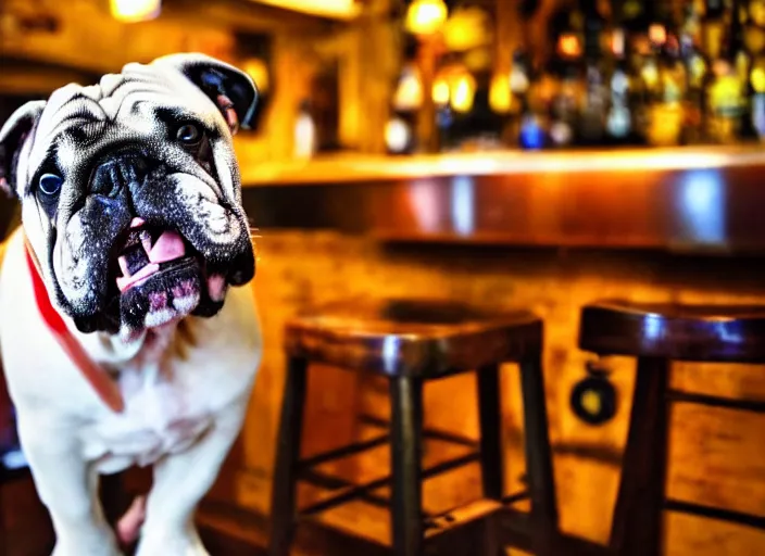 Image similar to a closeup, 4 5 mm, detailed photograph of a english bulldog drinking a beer on a bar - stool, sitting at a bar on a bar - stool, beautiful low light, 4 5 mm, by franz lanting