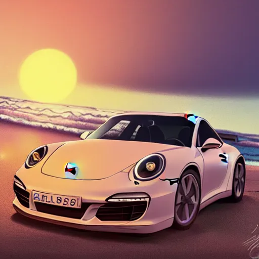 Image similar to beautiful, detailed digital painting of a porsche 9 1 1 on the beach and looking at the sunset, anime by makoto shinkai, sand, waves, trending on artstation