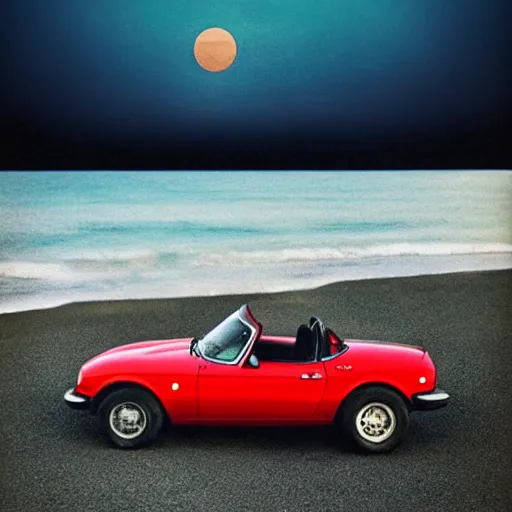 Image similar to a vintage poster of a red Mazda MX-5 parked on a beach in the moonlight