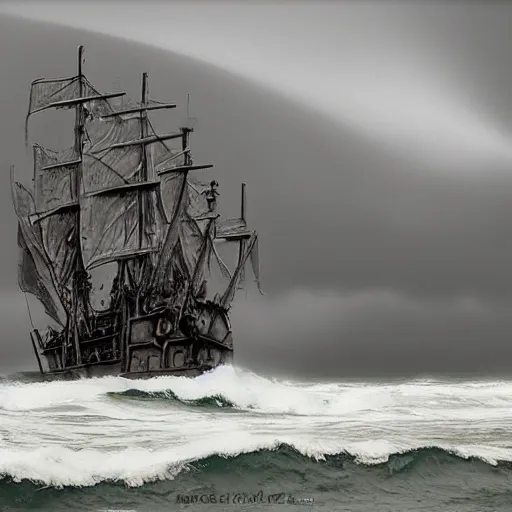 Prompt: pirate ship on a stormy sea