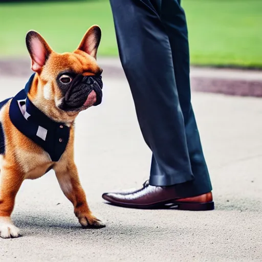 Image similar to a photo of french bulldog highfiving a shiba inu wearing a business suit, photorealistic, nikon d 7 8 0, high definition, sharp focus, bokeh, smooth, highly detailed, espn sports photography