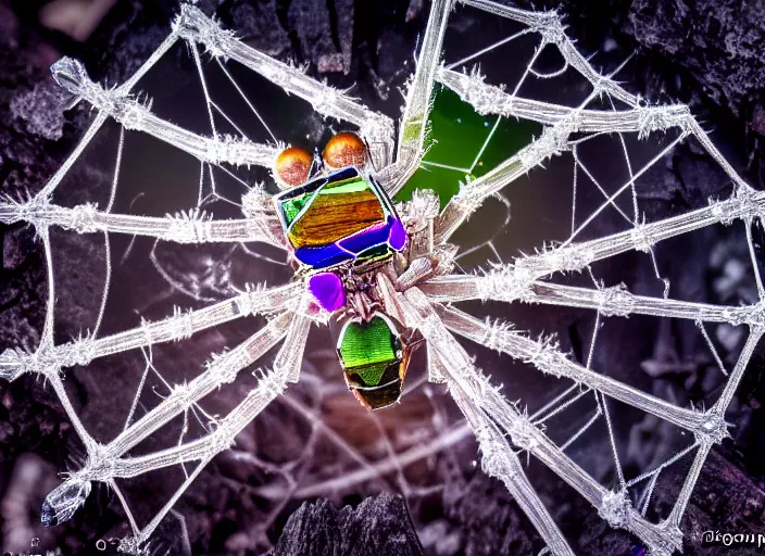 Image similar to photo of a crystal of a crystal mechanical spider in the forest. Fantasy magic style. Highly detailed 8k. Intricate. Nikon d850 55mm. Award winning photography.