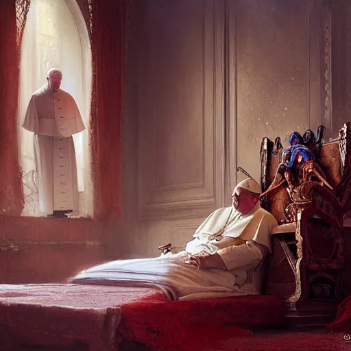 Prompt: the pope is in his bedroom, terrified because demons are attacking him. highly detailed painting by gaston bussiere, greg rutkowski, craig mullins 8 k