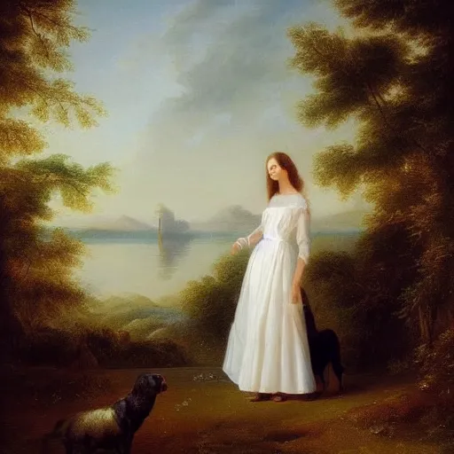 Image similar to a beautiful girl with a beautiful face wearing white dress, a dog, john martin landscape, lake, evening