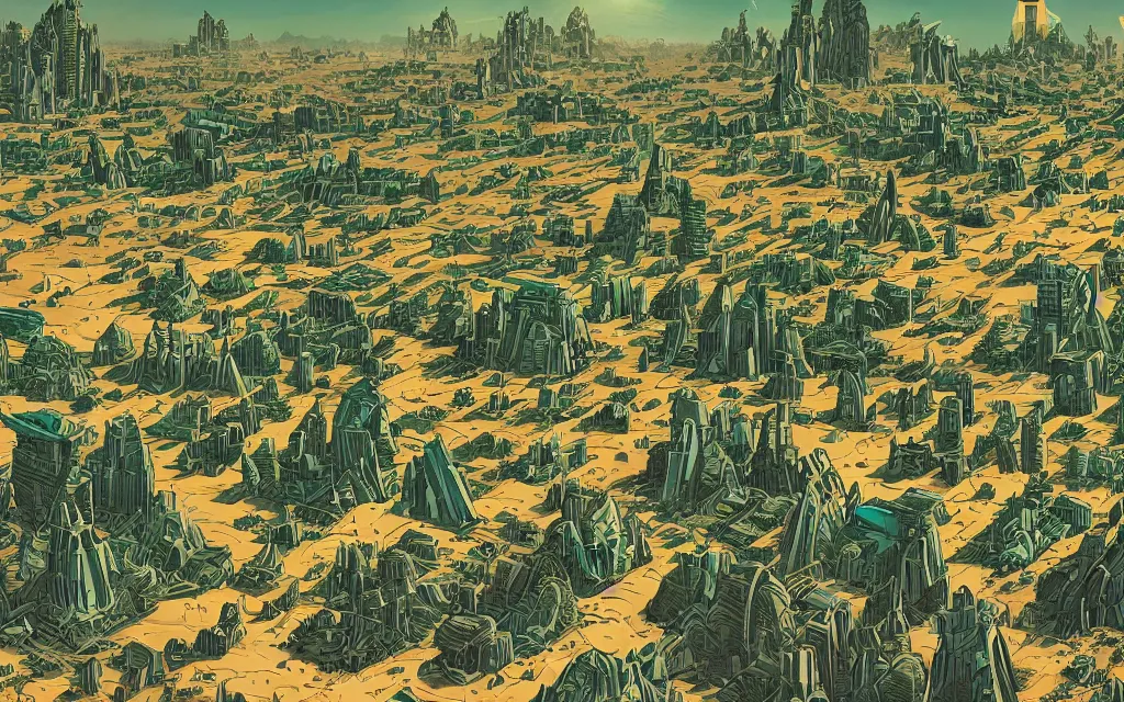 Image similar to very detailed, prophet graphic novel, ilya kuvshinov, mcbess, rutkowski, simon roy, illustration of a dense green alien megacity on a desert planet, alien architecture, seen from above, colorful, deep shadows, astrophotography