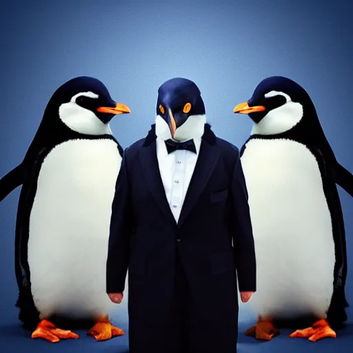 Image similar to Photo of penguin in a suit, blue penguin, hair, godfather, symmetrical, dark background, smoke, realistic, highly detailed, trending on artstation,