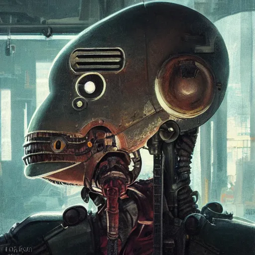 Image similar to closeup portrait of minimalist cyborg midget goblin with painful implants inside byzantine kowloon hoarder workshop filled with dieselpunk equipment, socialist realist composition by by greg rutkowski and h. r. giger and stalenhag and deak ferrand, studio ghibli composition