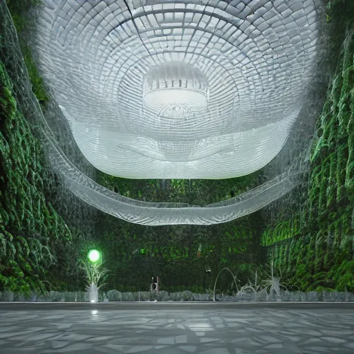 Prompt: a white massive luxurious jellyfish designed dome interior built with biomaterials mycelium, vertical garden, greenery, plants, water flow, reflective windows, art exhibition halls, atmospheric lighting, walls made of mycelium in the style of zaha hadid, roman vlasov, refined editorial photograph, highly detailed, unreal engine 5, octane render, 8 k