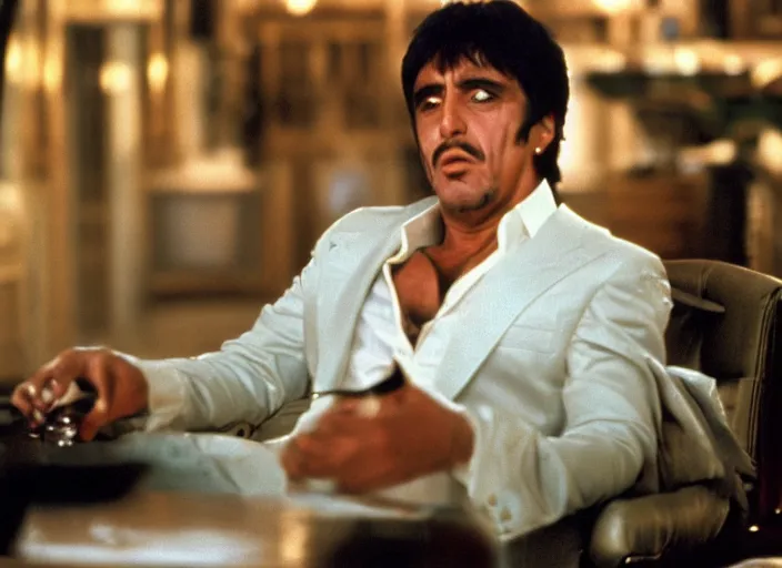 Prompt: tony montana from movie scarface 1 9 8 3 sitting behind a big black oak table with big large packages of flour. long shot. al pacino. perfect symmetric face, coherent eyes,, fine details, 4 k, ron cobb, cinestill