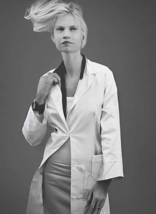 Prompt: a photograph from vogue magazine fashion shoot of a blond scientist wearing a light top, black skirt and white lab coat full body, shot on film, 2 4 mm lens, leica, iso 4 0 0