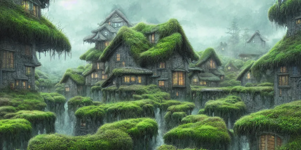 Image similar to a mossy village, dreamy, liminal space illustrated by miyazaki, hiroyuki kato, keisuke goto, highly detailed, concept art, illustration art