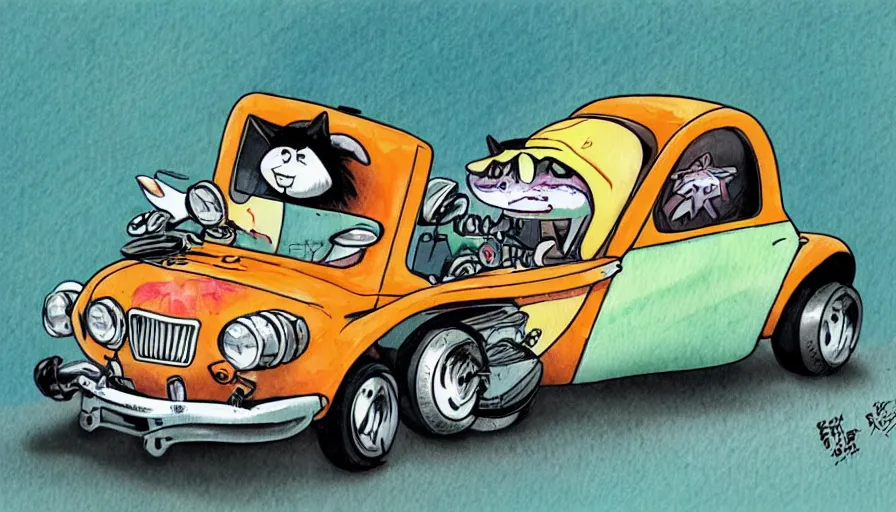 Image similar to cute and funny, racoon riding in a tiny hot rod coupe with oversized engine, ratfink style by ed roth, centered award winning watercolor pen illustration, by chihiro iwasaki, edited by range murata