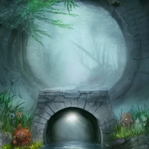 Prompt: magical tunnel inside the river and animals use it for crossing the river ,foggy ,dreamy , concept art trending on artstation, water color,