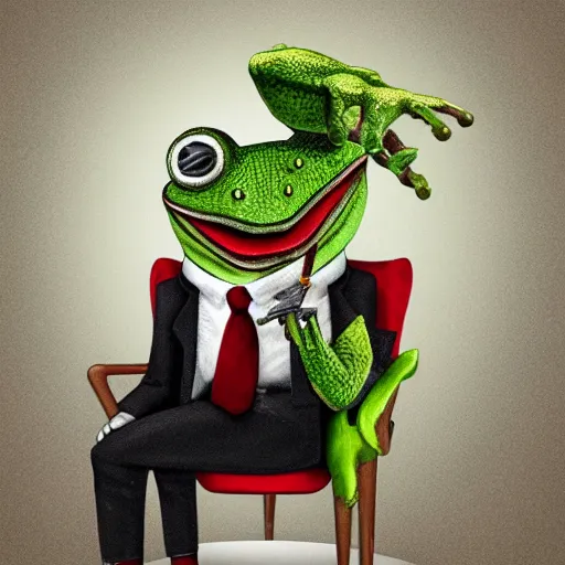 Image similar to an anthropomorphic frog wearing a suit and smoking a cigar in an office chair, 8k, photorealistic,