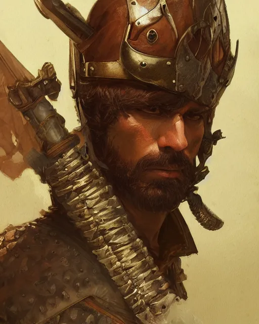 Prompt: '' Face portrait of a rugged adventurer with a leather armor holding a big sword getting ready for battle, d&d, fantasy, high detail, digital painting, artstation, concept art, sharp focus, illustration, art by greg rutkowski and alphonse mucha ''