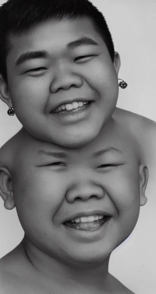 Image similar to photograph of one fat filipino teenage boy smiling with crooked teeth, with a curly perm, and with small studded earings, 4 k, photorealistic, high detail by richard avedon