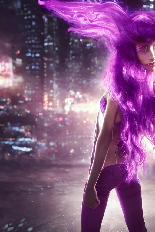 Image similar to young teen with purple tentacled hair from behind with violet flames dancing on her hands with a long jacket in a cyberpunk city, realistic, high definition, 4K, shimmering color, digital art