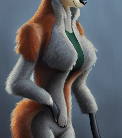 Prompt: oil painting of full body of anthromorphic female wolf, in style of zootopia, zootopia, zootopia, fursona, furry, furaffinity, 4 k, deviantart, furry art, fursona art, wearing black business suit, business suit, in style of zootopia, wolf fursona, cyberpunk, female, expressive detailed feminine face,