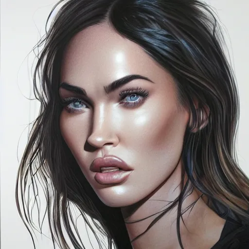 Image similar to megan fox closeup of face. licking lips. hyperrealistic portrait, photo realistic, poster, artstation, volumetric lighting, digital art, very detailed face by magali villeneuve