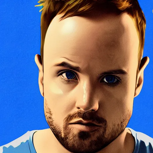 Prompt: jesse pinkman's head coming out of a blue mist, trending on artstation, profile pic, centered, accurate anatomy, highly detailed, digital art,