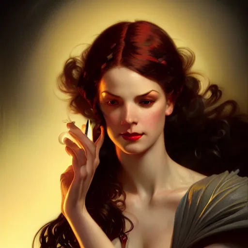 Image similar to of female sorcerer, dark fantasy, medium shot, intricate, ornate, elegant, highly detailed, digital painting, volumetric light,, artstation, concept art, smooth, sharp focus, illustration, art by Gil elvgren and charlie bowater and greg rutkowski and alphonse mucha