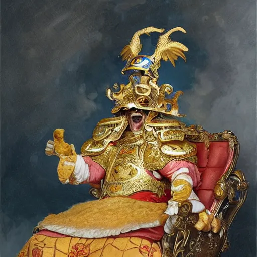 Image similar to medium shot portrait of the hen emperor of japan dressed as a chicken with a scary smile, sitting on his throne, highly detailed painting by gaston bussiere, craig mullins, j. c. leyendecker 8 k