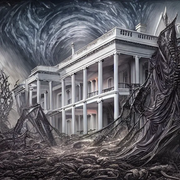 Prompt: the white house, apocalyptic, gerald brom, hyper detailed, 8 k, fantasy, dark, grim