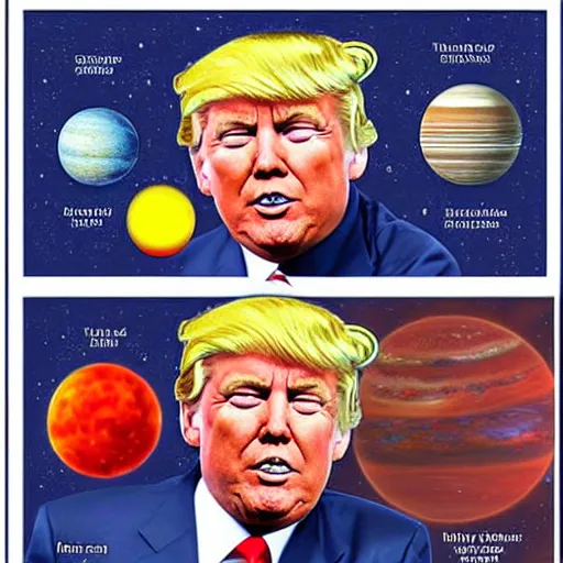Prompt: solar system with Donald Trump faces as planets