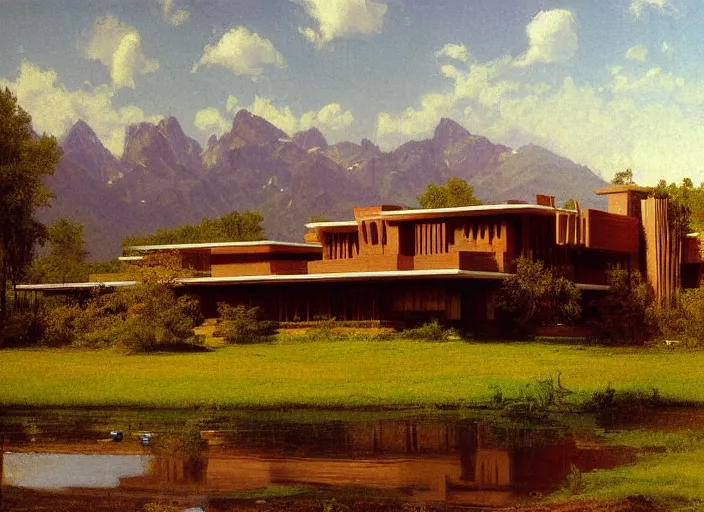 Image similar to painting of a frank lloyd wright house in front of beautiful mountains by albert bierstadt