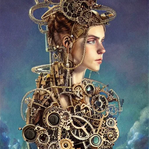 Image similar to A ful body photo of a steampunk beautiful goddess, she half human and half robot, she is embellished with gears wheels and gemstones, by William Holman Hunt, Greg Rutkowski, Stanely Artgerm, Tooth Wu, Peter Gric, Aaron Horkey, trending on Artstation, digital art, mythological, symmetrical artwork, cinematic lighting, hyper realism, high detail, octane render, ultra realistic, golden ratio, 4k, 8k