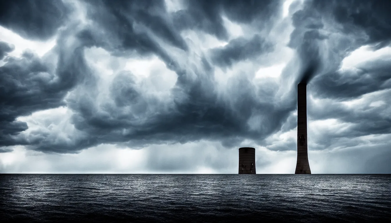 Image similar to lonely nuclear silo on the island, lake, windy waves, raining, storm, distant thunder, atmospheric, scary, claustrophobic, ambient vibe, very detailed, high resolution, 8 k