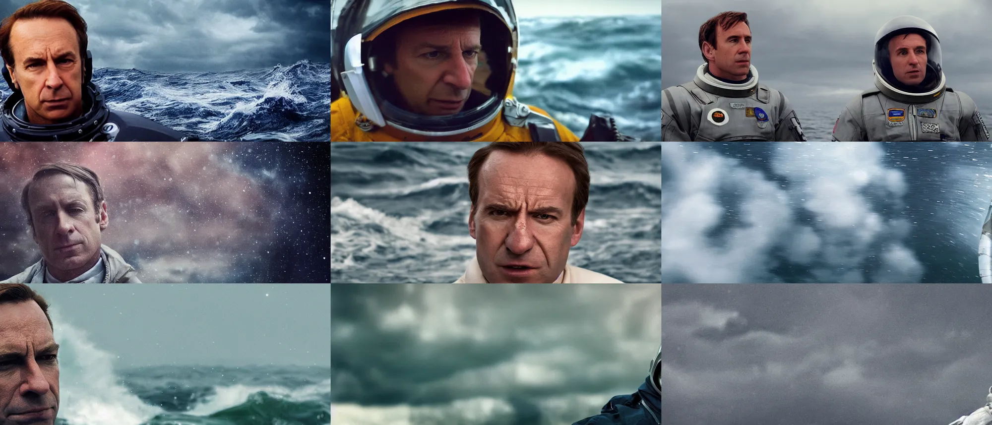 Prompt: on ocean , bokeh !!cinematic close up shot of saul goodman wearing the spacesuit in scene from the movie interstellar ,shady dull weather, panorama,natural dull colours, anamorphic, epic cinematic, exteremely giant ocean wave in background