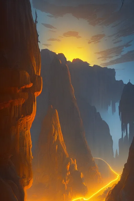 Image similar to ancient temple glowing yellow in a canyon, light streaks in the sky, dramatic lighting, artstation, matte painting, ralph mcquarrie, simon stalenhag