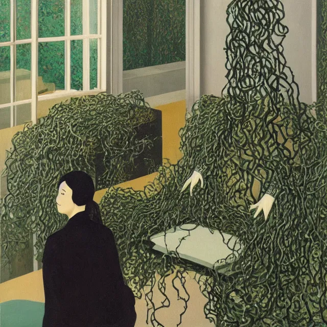 Image similar to a pathology student in her apartment, wrapped in vines, large stones, octopus, black walls, ikebana, black armchair, puddles, moss, acrylic on canvas, surrealist, by magritte and monet