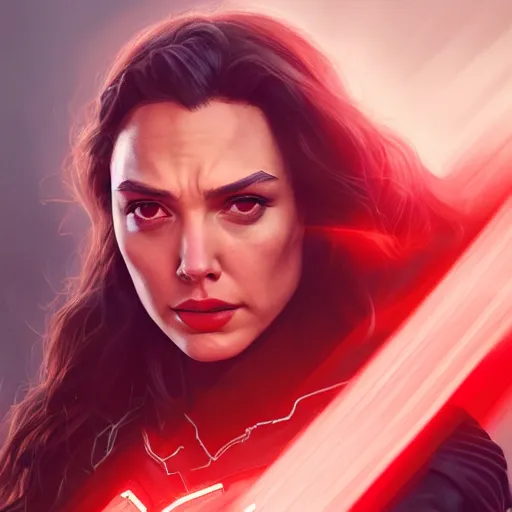 Image similar to a potrait of Gal Gadot as Scarlet witch by Greg Rutkowski, Sung Choi, Mitchell Mohrhauser, Maciej Kuciara, Johnson Ting, Maxim Verehin, Peter Konig, 8k photorealistic, cinematic lighting, HD, high details, dramatic, trending on artstation, full body shot