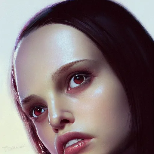 Image similar to closeup portrait of a young natalie portman, matilda from leon the professional, dramatic light, gorgeous view, depth, high detail, digital art, painted by greg rutkowski and seb mckinnon, by tim burton, trending on artstation