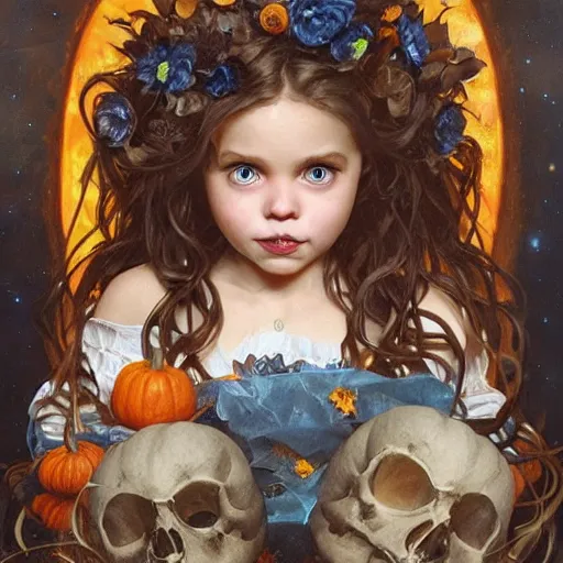 Image similar to a cute happy little girl with light brown wavy curly hair and blue eyes sitting amidst piles of halloween decor skulls and pumpkins. beautiful cute highly detailed face. spooky halloween themed painting by artgerm and greg rutkowski and alphonse mucha.