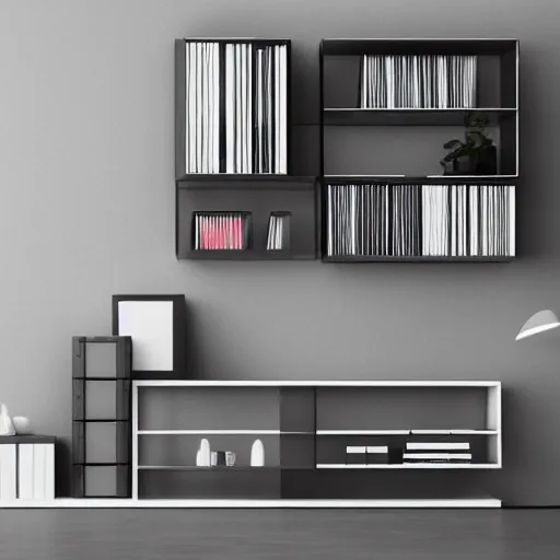 Image similar to minimal style vinyl record storage, modern architecture, high resolution