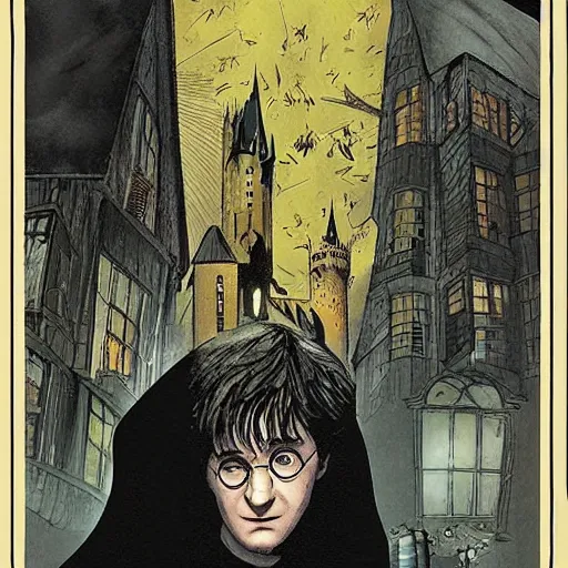 Prompt: in one frame Harry Potter in The Sandman comic, by Neil Gaiman, by Dave McKean, comics Sandman, small details, whole-length, clear faces, high detail